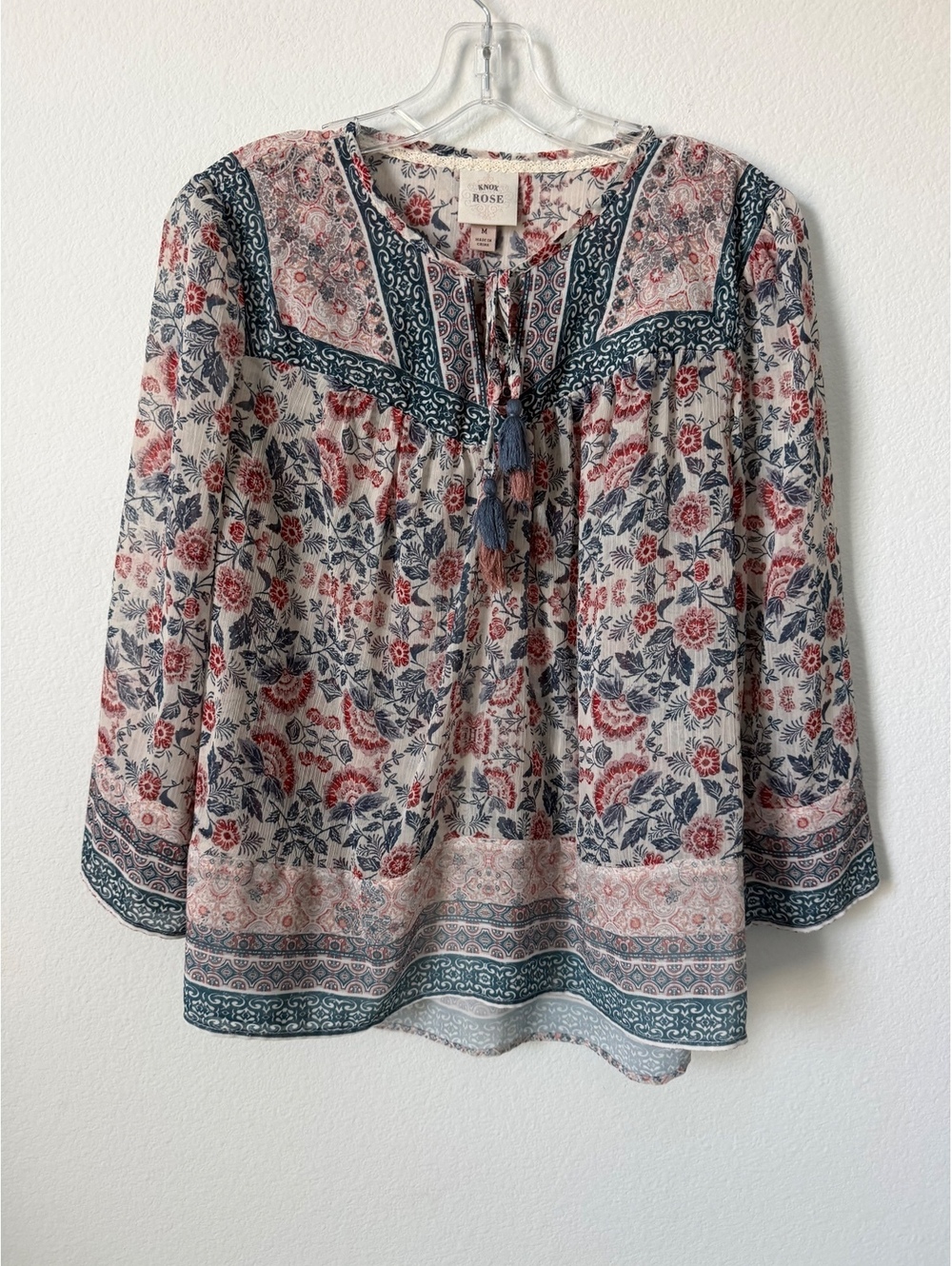 Knox Rose 3/4 Sleeve Tie Neck Floral Paisley Boho Sheer Chiffon Blouse Size M